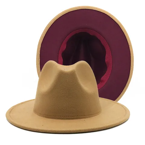 Vintage Zweifarbig Fedora Hut Mit Breiter Krempe Wollfilz Jazzhut Für Herren Damen Lässig Outdoor Sonnenschutz Flachrandhut