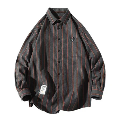 Camicia da Uomo in Cotone a Maniche Lunghe Stile Hong Kong Larga Casual a Righe a Quadri Top Colletto Quadrato Tasca Fashion Camicia