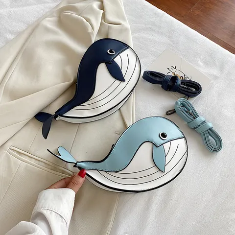 Japanese Style Cute Cartoon Whale Shape Crossbody Bag For Women Quirky Adorable Animal PU Leather Contrast Color Shoulder Bag