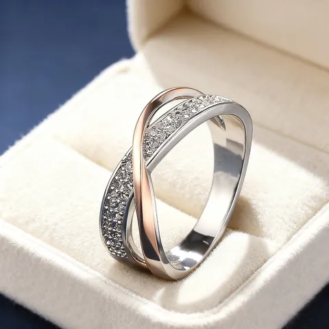 Anello Personalizzato a Forma di X Bicolore con Zirconia Intarsiata Minimalista Elegante Croce Contrasto Colore Micro-Pave Moda Donna