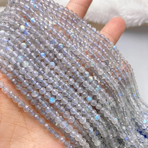 Natural Gray Moonstone Labradorite Faceted Round Beads Strand For DIY Jewelry Making Bracelet Necklace Craft Materials