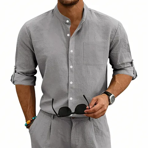 Men's Summer Linen Blend Shirt Casual Stand Collar Roll-up Long Sleeve Solid Color Lightweight Breathable Beach Fashion Top