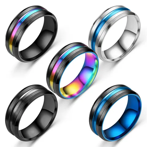 Anillo de Banda de Acero Inoxidable para Hombre Ranurado Cepillado Borde Biselado Intercolor Azul Arcoíris Oro Plata Joyería de Moda Minimalista Anillo de Dedo
