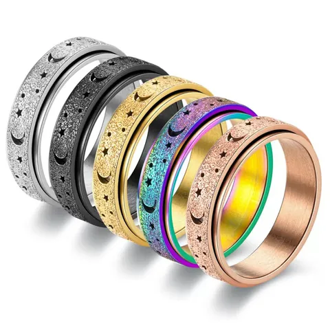Bague Spinner en Acier Inoxydable pour Femmes Hommes Soulagement du Stress Étoile Lune Creux Givré Bijoux de Mode