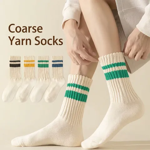 Calze A Righe Spesse Da Uomo A Metà Polpaccio Colore Solido Stile Giapponese Retrò Calze Alla Moda Per Autunno E Inverno Sport Basket Calze Lunghe Americane