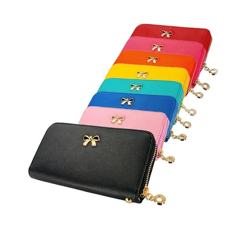 Damen Mode PU-Leder Lange Geldbörse Mit Metallschleife Große Kapazität Reißverschluss Clutch Für Karten Handy Tägliche Handtasche