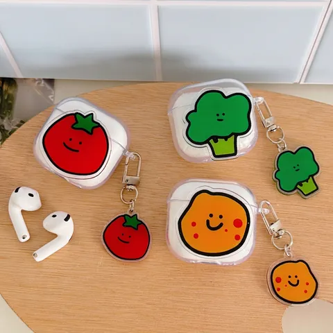 Kompatibel Mit Apple AirPods 1 2 3 4 Pro Pro 2 Hülle Süße Cartoon Gemüse Tomate Brokkoli Transparent TPU Schutzhülle Mit Anhänger Haken