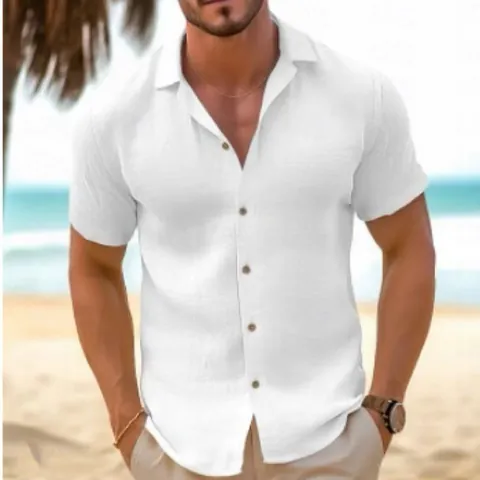 Herren Casual Strand Kurzarmhemd Baumwollmischung Button Down Einfarbig Sommerurlaub Smart Casual Revers Top
