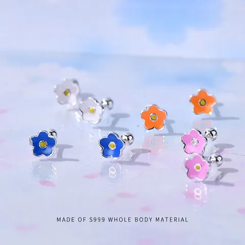 S999 Sterling Silver Colorful Flower Screw Back Stud Earrings For Women Sweet Enamel Floral Ear Bone Piercing Jewelry Gift