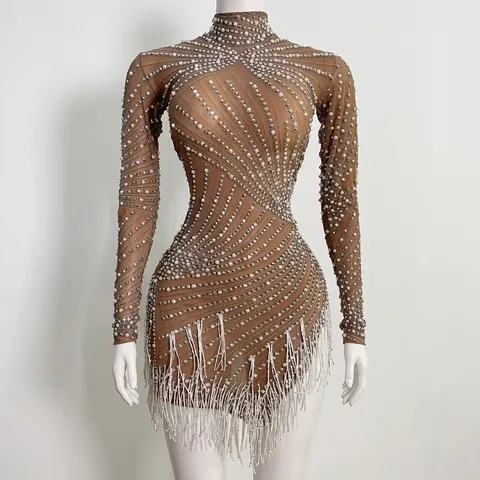 Damen Sexy Strass Quasten Durchsichtiges Mesh Latein Tanz Minikleid Langarm Hochhals Party Bühne Performance Bodycon Kleid