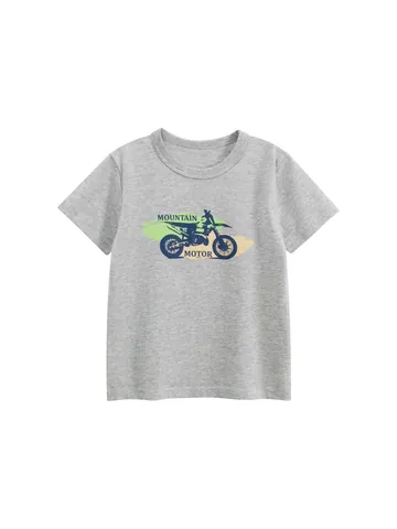 Maglietta a Maniche Corte in Cotone per Ragazzi Estate Casual Stile Coreano Grigio Melange Con Stampa Grafica Moto