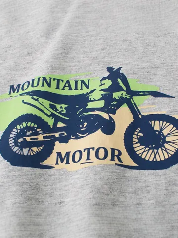 Maglietta a Maniche Corte in Cotone per Ragazzi Estate Casual Stile Coreano Grigio Melange Con Stampa Grafica Moto