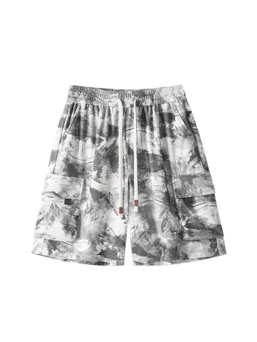 Men's Vintage Tie Dye Cargo Shorts Summer Casual Loose Straight Leg Five-Point Shorts With Drawstring Elastic Waist Pockets
