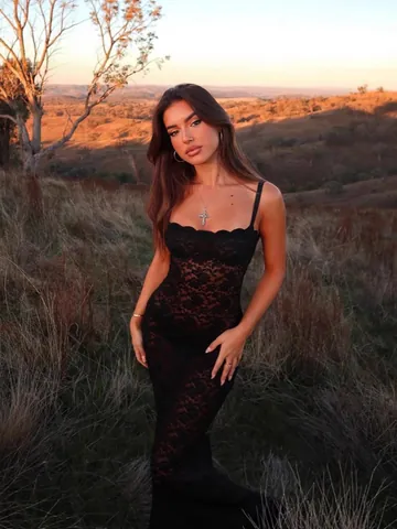 Women Sexy See Through Lace Midi Dress Off Shoulder Spaghetti Strap Slim Fit Evening Party Bodycon Dress Solid Color