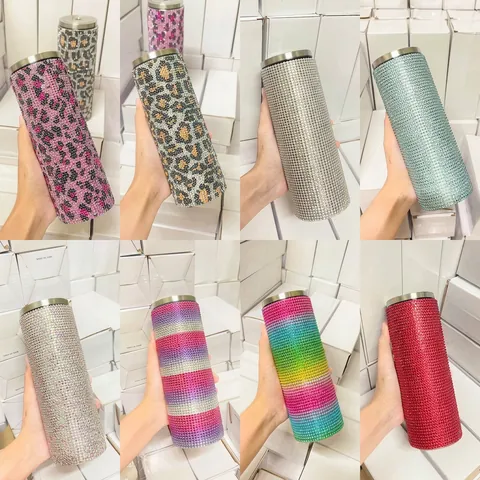 Bling Strass Roestvrijstalen Beker 20oz Vacuüm Geïsoleerde Skinny Tumbler Met Rietje Handingelegd Koffiebeker Voor Auto Kantoor Dames Cadeau