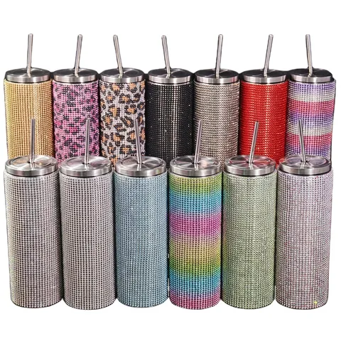 Vaso de Acero Inoxidable con Diamantes de Imitación 20oz Termo de Vacío Vaso Delgado Con Pajita Incrustado a Mano Taza de Café para Coche Oficina Regalo Mujer