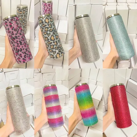 Vaso de Acero Inoxidable con Diamantes de Imitación 20oz Termo de Vacío Vaso Delgado Con Pajita Incrustado a Mano Taza de Café para Coche Oficina Regalo Mujer