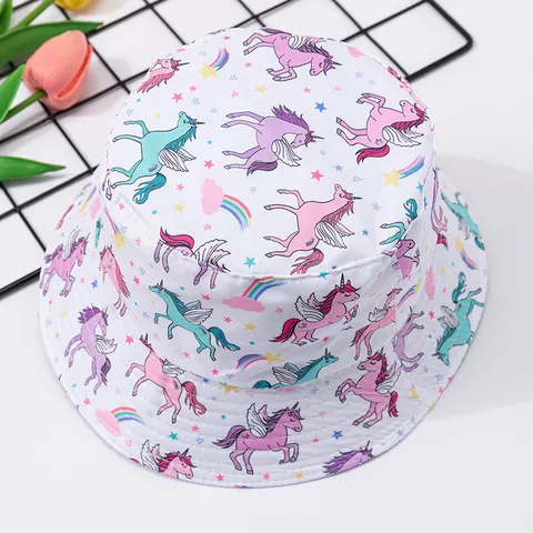 Cappello da Sole per Neonati in Cotone Con Stampa di Unicorno Arcobaleno Cappello da Pescatore per Bambini Antivento Estivo