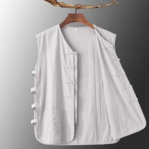 Heren Retro Chinese Stijl Linnen Vest Zomer Dun Tang Pak Mouwloze Weste Met Kikkersluiting Holle Vetersluiting Losjes Top