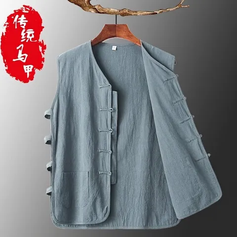 Heren Retro Chinese Stijl Linnen Vest Zomer Dun Tang Pak Mouwloze Weste Met Kikkersluiting Holle Vetersluiting Losjes Top