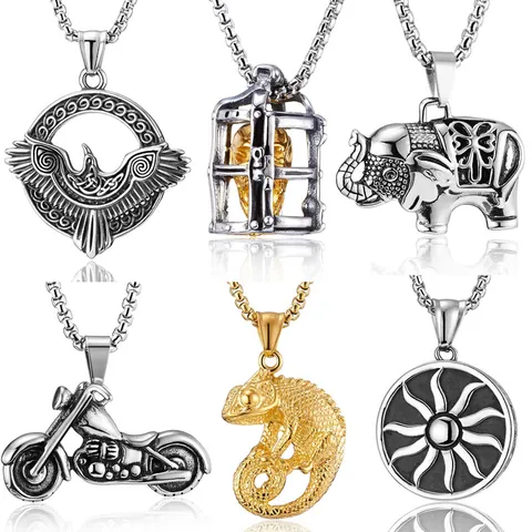 Vintage Viking Odin Raven Stainless Steel Pendant Necklace Retro Elephant Motorcycle Skeleton Pendant Jewelry Gift For Men