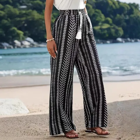 Women's Casual Geometric Print Straight Wide Leg Pants High Waist Elastic Trousers With Tassel Drawstring Summer Beach Pants