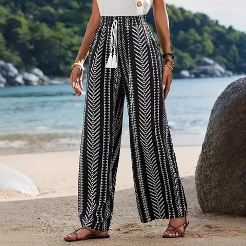 Women's Casual Geometric Print Straight Wide Leg Pants High Waist Elastic Trousers With Tassel Drawstring Summer Beach Pants
