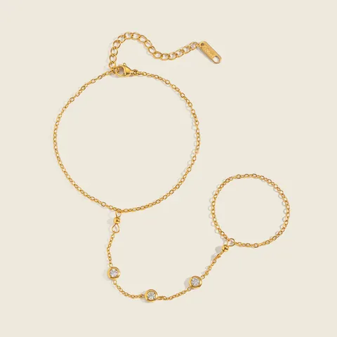 Pulsera de Esclava de Acero Inoxidable Chapada en Oro 18K para Mujer Cadena de Mano con Anillo Incrustada de Strass Joyería