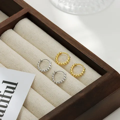 French Vintage 925 Sterling Silver Dotted Hoop Earrings Minimalist Geometric Bubble Circle Huggie Earrings For Women Jewelry