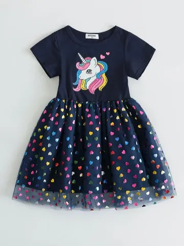 Vestito da Principessa per Bambina Estivo con Unicorno Arcobaleno Cuore Tutu in Rete Manica Corta in Cotone Abbigliamento per Feste