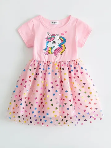 Vestito da Principessa per Bambina Estivo con Unicorno Arcobaleno Cuore Tutu in Rete Manica Corta in Cotone Abbigliamento per Feste