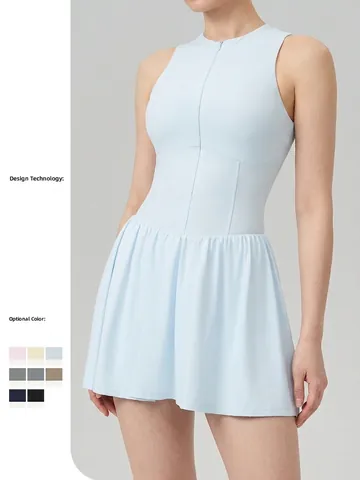 Vestido de Tenis Sin Mangas con Cuello Alzado para Mujer Falso Dos Piezas Vestido Deportivo Plisado en Línea A con Pantalones Cortos
