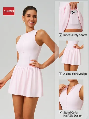 Vestido de Tenis Sin Mangas con Cuello Alzado para Mujer Falso Dos Piezas Vestido Deportivo Plisado en Línea A con Pantalones Cortos