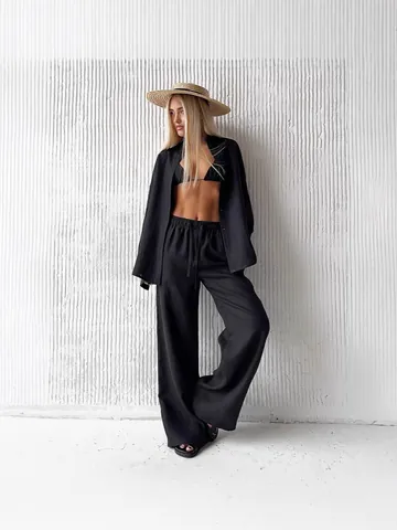 Dames Casual 2-Delige Polyester Outfits Lange Mouw Overhemd En Hoge Taille Wijde Pijpen Broek Set Zomer Vakantie Lounge Pak
