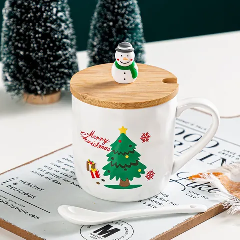 Taza de Cerámica de Navidad Con Tapa de Madera Y Cuchara Dibujos Animados Papá Noel Muñeco de Nieve Reno Regalo Festivo Café Leche