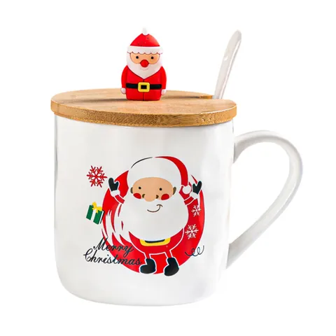 Taza de Cerámica de Navidad Con Tapa de Madera Y Cuchara Dibujos Animados Papá Noel Muñeco de Nieve Reno Regalo Festivo Café Leche