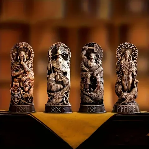 Nordic Mythology Odin Thor Loki Freyja Resin Statue Faux Wood Grain Mythological Gods Figurine Vintage Home Office Desktop Decor Gift