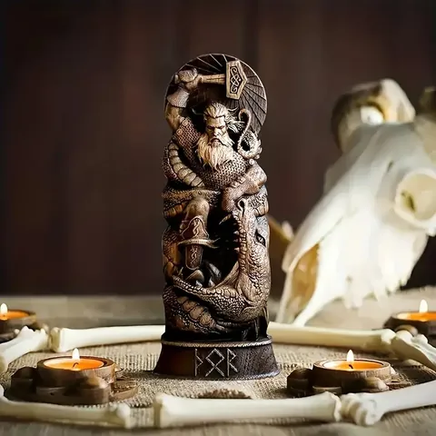 Nordic Mythology Odin Thor Loki Freyja Resin Statue Faux Wood Grain Mythological Gods Figurine Vintage Home Office Desktop Decor Gift