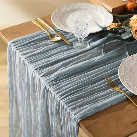 Bohemian Crinkle Voile Tischläufer Polyester Falten Tischdecke Für Hochzeit Party Empfang Deko Einfarbig Rustikalen Stil