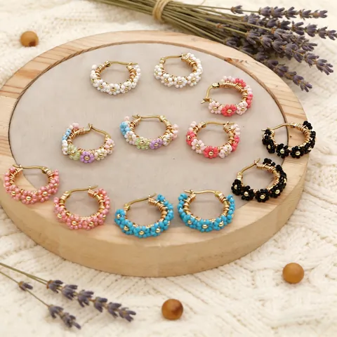 Handmade Beaded Small Hoop Earrings Exquisite Flower Pattern Sweet Pastoral Style Stainless Steel Post Daily Jewelry Women