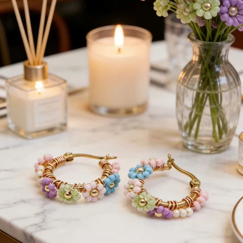 Handmade Beaded Small Hoop Earrings Exquisite Flower Pattern Sweet Pastoral Style Stainless Steel Post Daily Jewelry Women