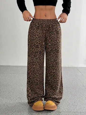 American Street Style Leopard Print Camouflage Plaid Wide Leg Pants High Waist Drawstring Floor Length Casual Trousers For Youth