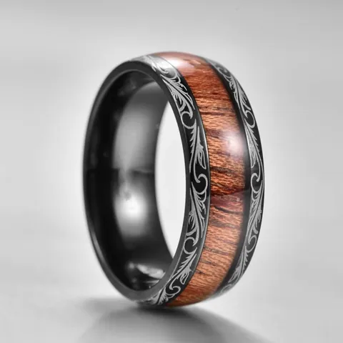Vintage Stainless Steel Dragon Pattern Ring Wood Grain Inlaid Celtic Style Band Ring For Men Women Fashion Jewelry