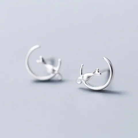 S925 Sterlingsilber Mond Katze Ohrstecker Für Damen Koreanischer Stil Süße Kleine Kätzchen Sichelmond Schmuck Geburtstagsgeschenk