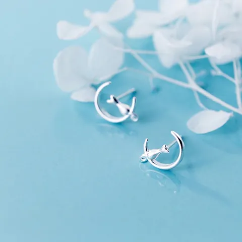 S925 Sterlingsilber Mond Katze Ohrstecker Für Damen Koreanischer Stil Süße Kleine Kätzchen Sichelmond Schmuck Geburtstagsgeschenk