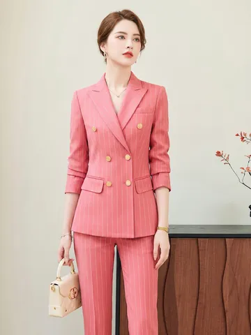 Women Striped Professional Suit Set Double Breasted Long Sleeve Blazer And Pants Two Piece Business Commuter Office Wear