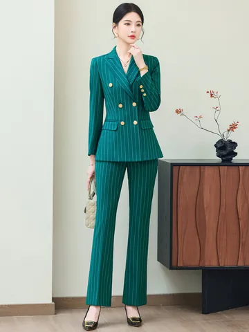 Women Striped Professional Suit Set Double Breasted Long Sleeve Blazer And Pants Two Piece Business Commuter Office Wear