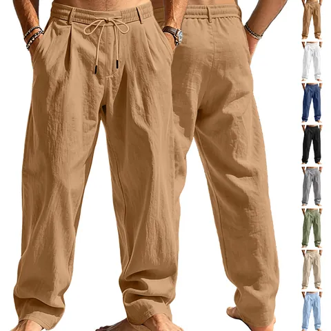 Men Cotton Linen Casual Pants Drawstring Elastic Waist Straight Leg Lightweight Breathable Summer Beach Vacation Trousers