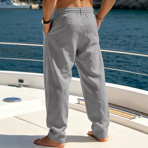 Men Cotton Linen Casual Pants Drawstring Elastic Waist Straight Leg Lightweight Breathable Summer Beach Vacation Trousers