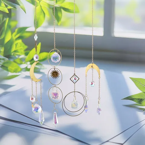 Crystal Suncatcher Hanging Ornament Moon Sun Star Prism Rainbow Maker Bohemian Home Garden Window Decor Aesthetic Gift